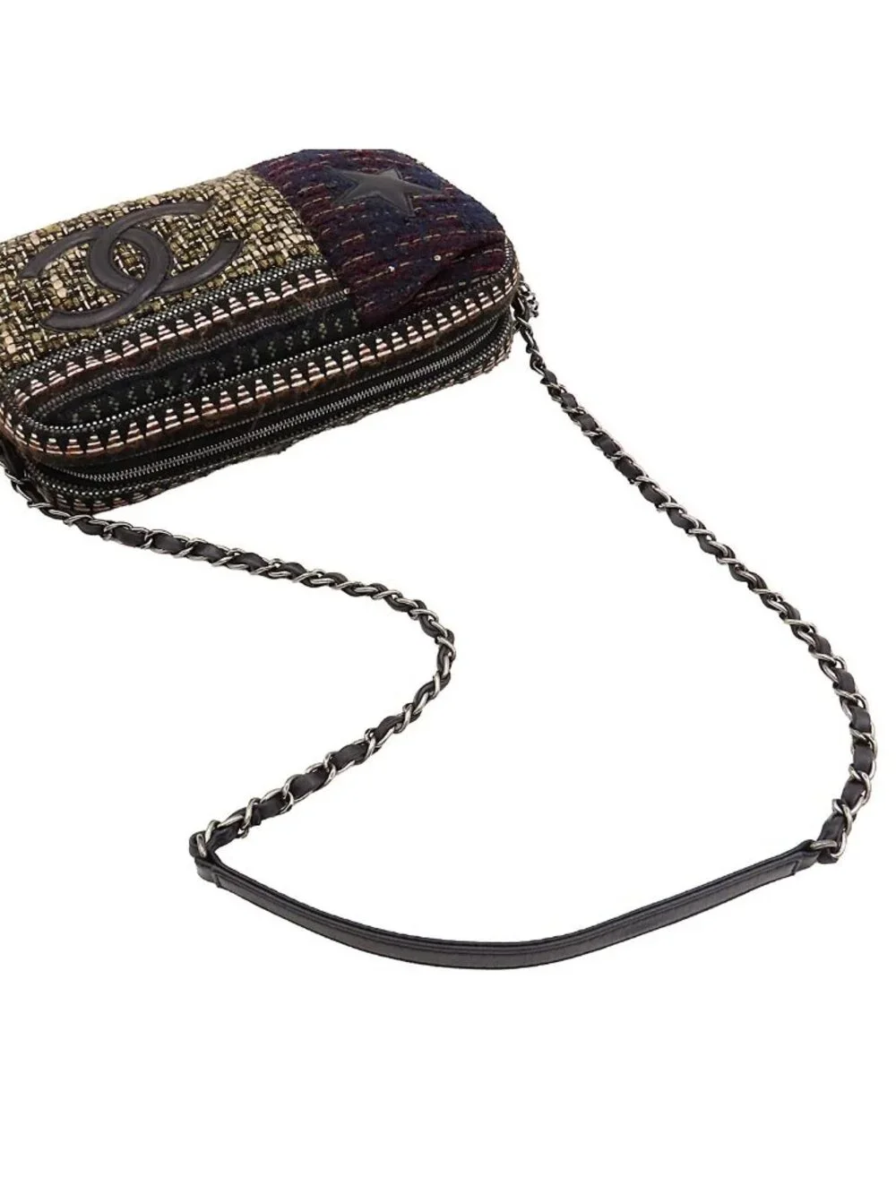Chanel Chain Shoulder Bag Star CC Logo Brown Black Multicolor Silver Tweed